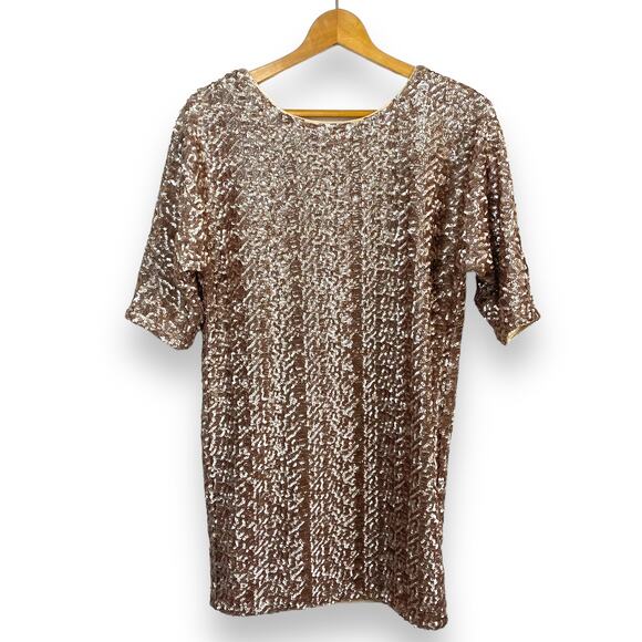 Rachel Zoe Rose Gold Glitter Sequin Scoop Back Shift Cocktail Formal Mini Dress - Picture 1 of 6